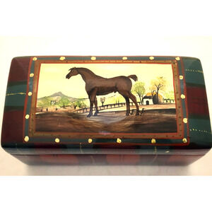 JEWELRY/STORAGE CERAMIC BOX-GEAR COLLECTION-TOYO-Red Green Plaid-Horse-Farm